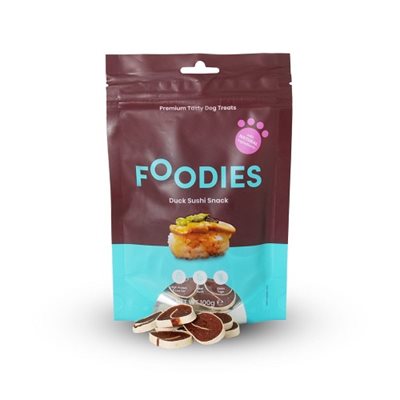 חטיף פודיס לכלב – נגיסי סושי ברווז רכים 100 גרם (4 יח' ב-50 ש"ח/ 10 יח' ב-100 ש"ח)